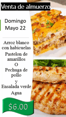 a flyer for venta de almuerzo shows a lasagna and a grilled chicken