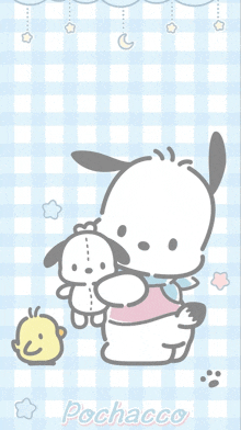 a cartoon of a dog holding a stuffed animal with the name pochacco on the bottom