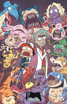 a cartoon of rick and morty surrounded by monsters with the website stevetorko.com in the bottom right corner