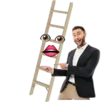 a man in a suit holds a ladder with a face on it