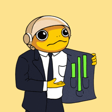 a cartoon of a frog wearing a suit and tie holding a graph