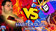 a man holding a card in front of a master duel yu-gi-oh logo