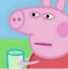 peppa pig is holding a glass of milk and making a face .