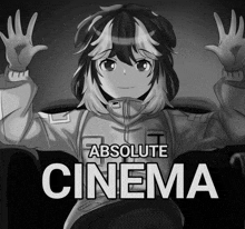 a poster for absolute cinema shows a girl sitting in a chair with her hands up