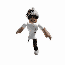 a roblox character wearing a white shirt and black pants is walking .