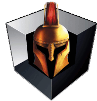 a knight 's helmet with a red crest is in a cube