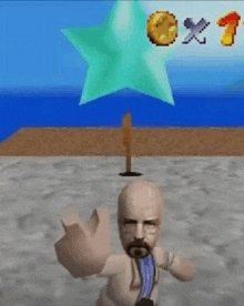 a man with a beard is standing in front of a star in a video game with a star in the background .