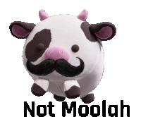 a stuffed cow with a mustache and horns is sitting on a white background .