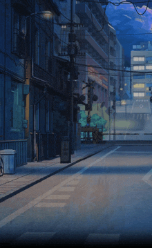 a painting of a city street at night with a sign that says ' a ' on it