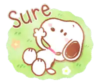 a cartoon drawing of snoopy laying in the grass with the word sure written above him