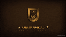 a logo for kara harp okulu is displayed on a dark brown background