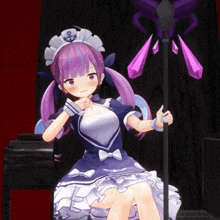 a girl with purple hair and a maid outfit holds a wand