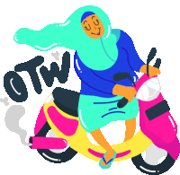 a woman wearing a hijab is riding a motorcycle with the word otw written on the side