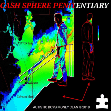 a poster for the cash sphere penitentiary shows a man walking down a set of stairs