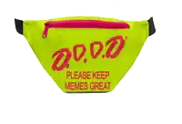 a yellow and pink fanny pack that says " please keep memes great "