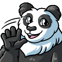 a black and white cartoon panda bear waving his hand