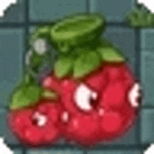 a pixel art illustration of a strawberry with green leaves on it .