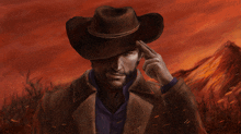 a painting of a man wearing a cowboy hat with his hand on his forehead