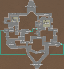 a map of a building with the words defender side spawn on top