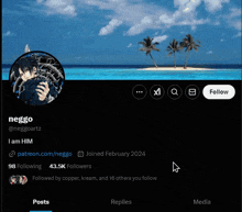 a screenshot of a person 's twitter page with a picture of a beach and palm trees