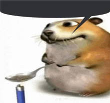 a close up of a hamster holding a spoon with a speech bubble above it