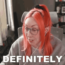 a woman with red hair is wearing glasses and headphones and the word definitely is above her