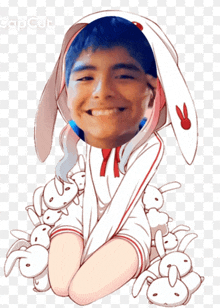 a boy wearing bunny ears is surrounded by white bunnies