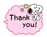 a pink thank you speech bubble with snoopy on it