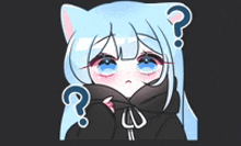 a girl with blue hair and cat ears has a question mark on her head