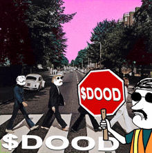 a man holding a stop sign with the word dood on it