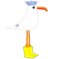 a drawing of a bird wearing yellow boots and a blue hat