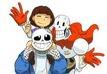 a drawing of sans and papyrus with a girl on his shoulders