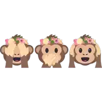 three monkeys with flowers on their heads covering their eyes ears and mouths