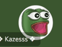 a green frog with its mouth open and the name kazess on it