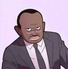 a cartoon of a man in a suit and tie with a serious look on his face .