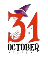 the number 31 with a witch hat and a spider web