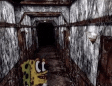 spongebob squarepants is walking down a hallway in a haunted house .