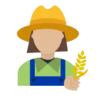 a woman in overalls and a hat is holding a wheat plant