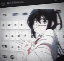 a girl with glasses is standing in front of a keyboard that has 123 on it