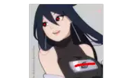 a girl with long black hair and red eyes is wearing a black shirt with a naruto symbol on it .