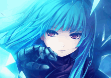 a girl with blue hair and red eyes is holding something