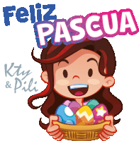 a girl is holding a basket full of easter eggs with the words feliz pascua written above her