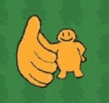 a cartoon hand is giving a thumbs up next to a smiley face man .