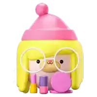 a cartoon character wearing a pink hat and glasses has lipstick and a mirror