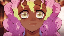 a cartoon girl with pink hair and green eyes is smiling .