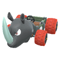 a rhino with a steering wheel and red tires