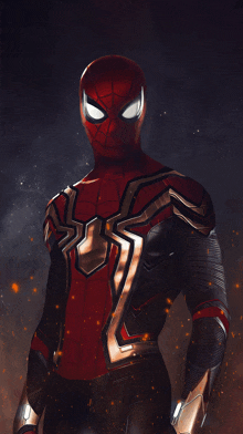 a close up of a spiderman in a red and black costume