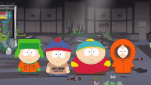 a group of south park characters are standing in front of a building that says rectory