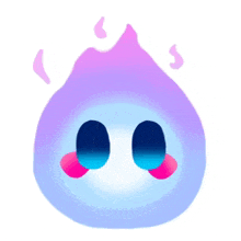 a cartoon illustration of a purple and blue flame with a face and eyes .