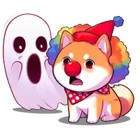 a cartoon of a dog dressed as a clown with a ghost in the background